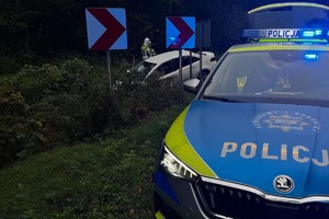 na zdjęciu radiowóz, a za nim w rowie biały samochód osobowy, obok którego stoją strażacy