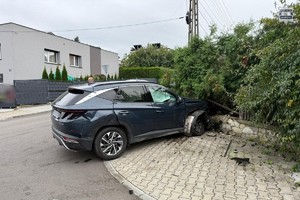 No zdjęciu samochód osobowy wbity w ogrodzenie