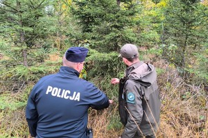 na zdjęciu policjant i strażnik leśny na terenie leśnym