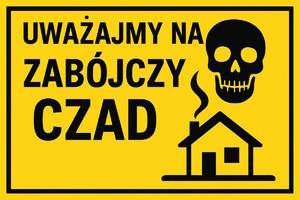 na grafie czaszka, dom i napis uważajmy na zabójczy czad