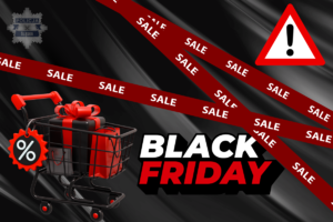 na grafice napis Black Friday i sale i koszyk zakupowy i logo policji