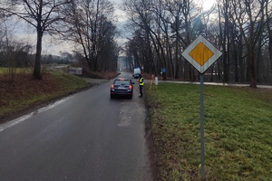 na zdjęciu policjant przy samochodzie, dalej radiowóz