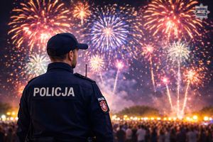 na grafice policjant i fajerwerki