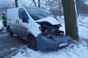 na zdjęciu biały bus z uszkodzonym przodem przy drzewie