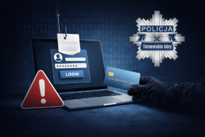 grafika z monitorem, ręka osoby trzymająca kartę płatniczą oraz logiem policji