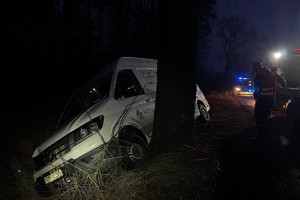 na zdjęciu samochód w rowie, obok osoby i radiowóz
