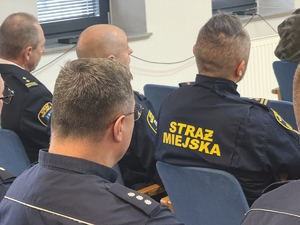 na zdjęciu policjanci i strażnicy miejscy na widowni