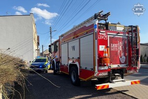 na zdjęciu radiowóz i wóz strażacki