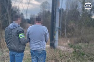 na zdjęciu policjant z zatrzymanym przy słupie energetycznym