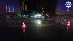 na zdjęciu samochód wbity w drzewo