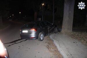 na zdjęciu rozbity pojazd przy drzewie