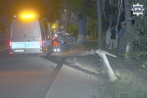 na zdjęciu uszkodzona latarnia, rozbity pojazd przy drzewie, radiowóz i stojące osoby