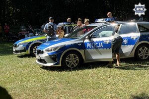 na zdjęciu radiowozy na trawie, obok osoby