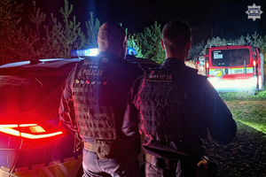 na zdjęciu policjanci i samochody w lesie