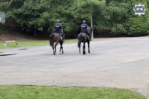 na zdjęciu policjanci na koniach w trakcie patrolu parku