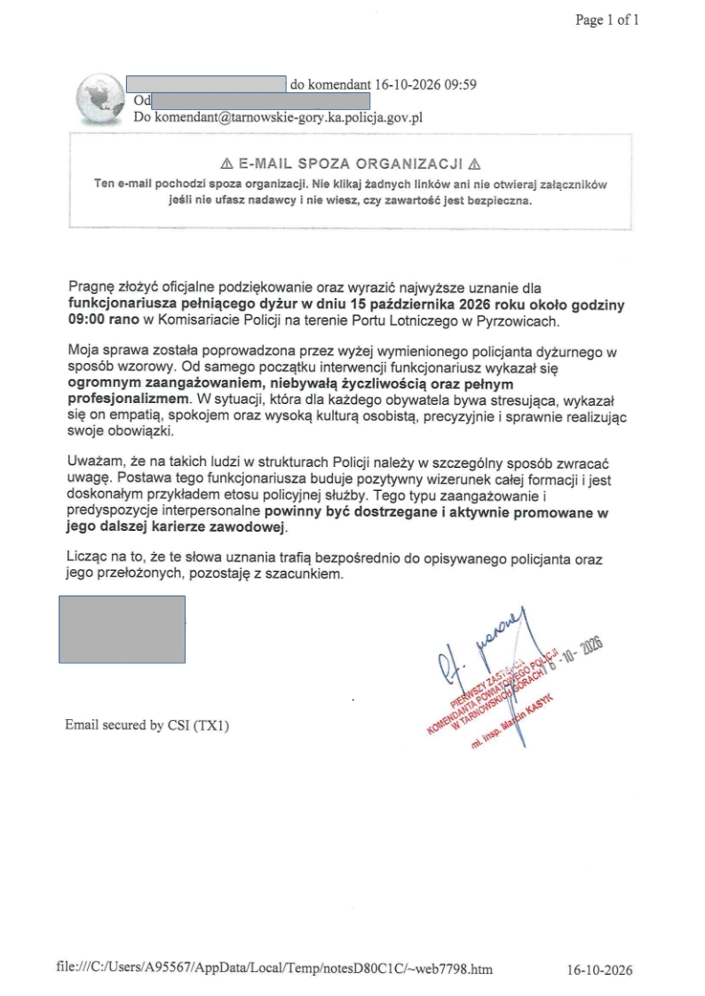 Podziękowania dla policjanta z Komisariatu Policji w Pyrzowicach